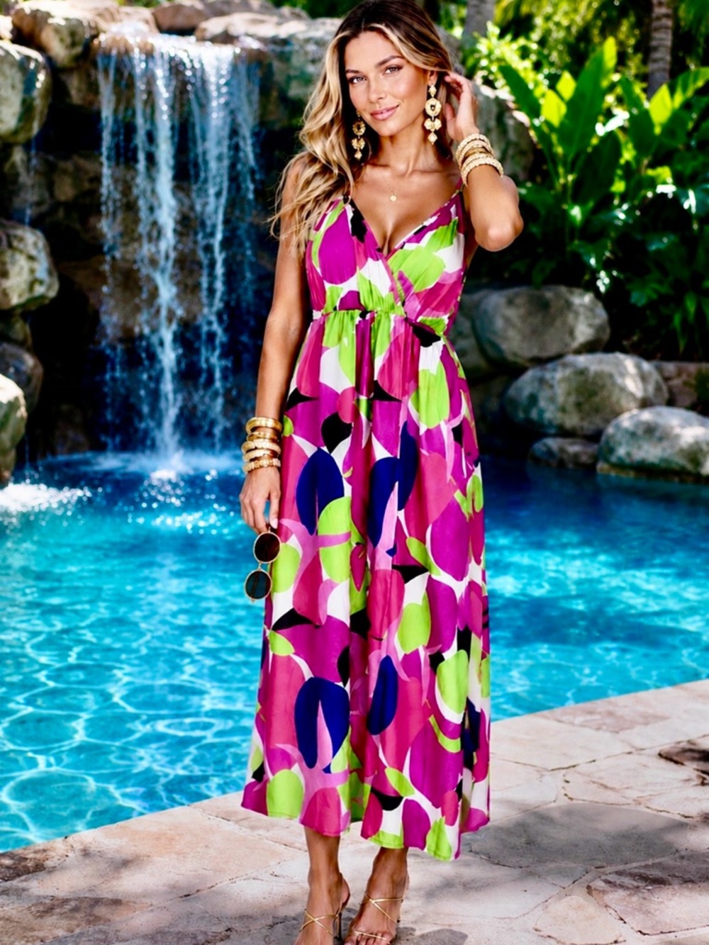 SHEIN Pink, Lime & Blue Abstract V-Neck Maxi Dress